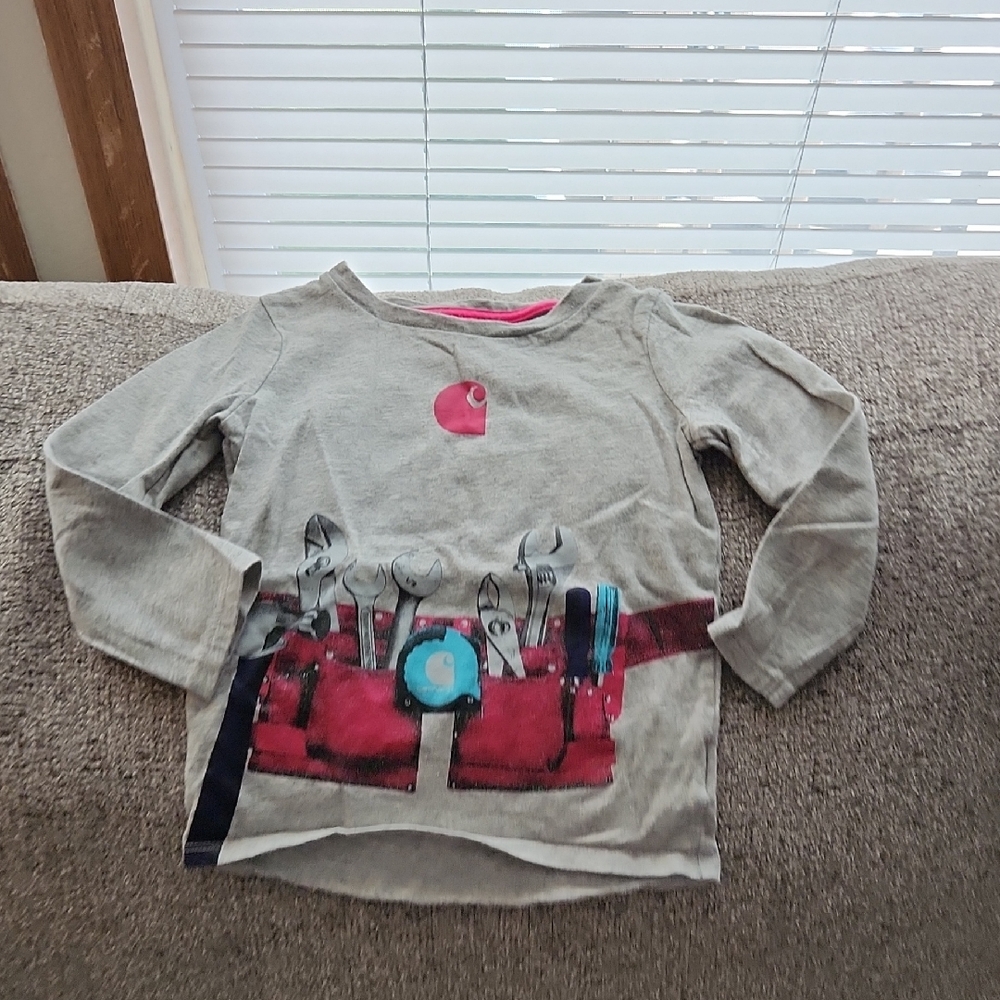 Carhartt Gray Long Sleeve Kids Tee with Pink Tool Belt Design